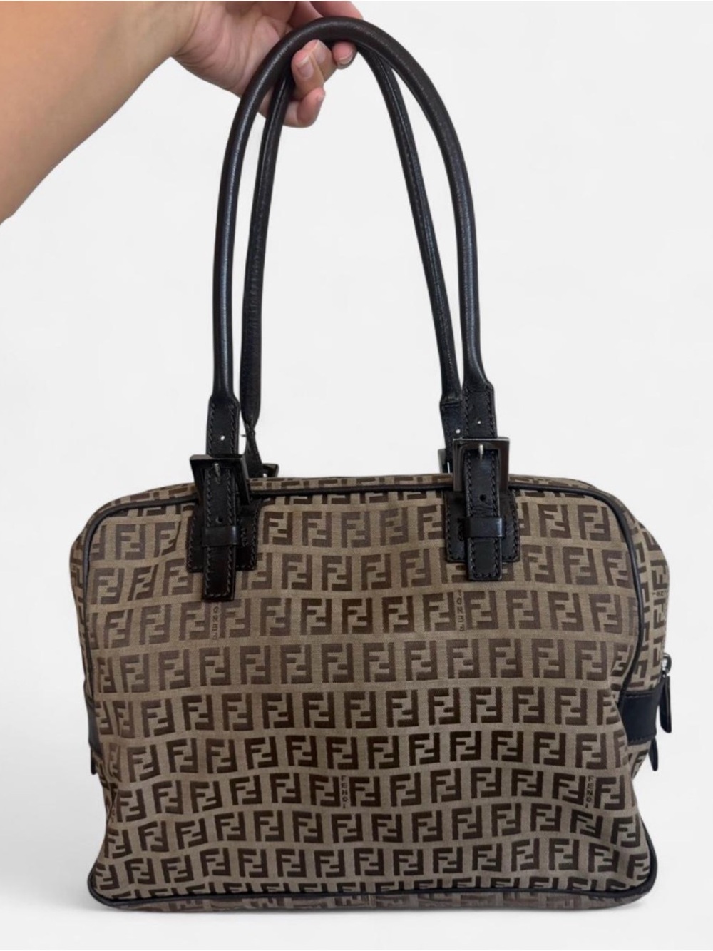 Auth Fendi Brown Zucca FF Monogram Tote Canvas Leather Shoulder Bag